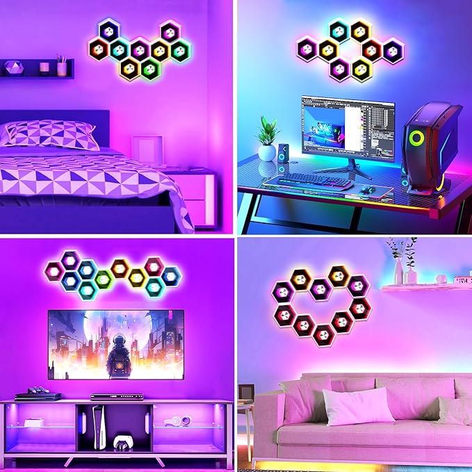 6 Pack Hexagon Lights Wall RGBW Panel - Hexagonal Led Lights Room Decor Wall Lights，with Smart APP Music Sync Honeycomb Shape Panels Hexagon for Gaming Lights Bedroom Children Decor