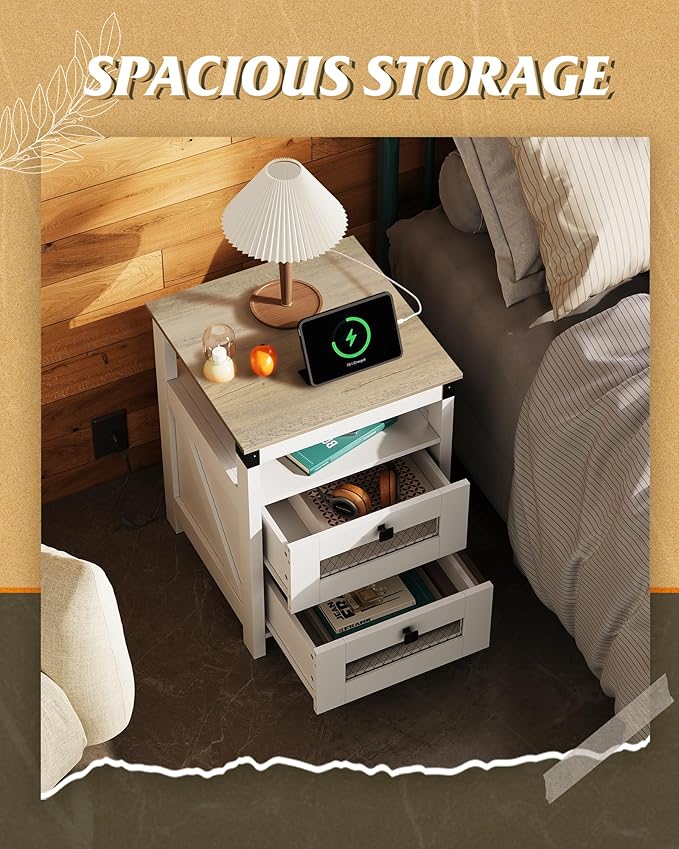 WLIVE Nightstand with Charging Station, Farmhouse End Table, Bed Side Table with 2 Storage Drawers and Open Shelf, Wood Rustic Nightstands for Bedroom, Living Room, White and Greige