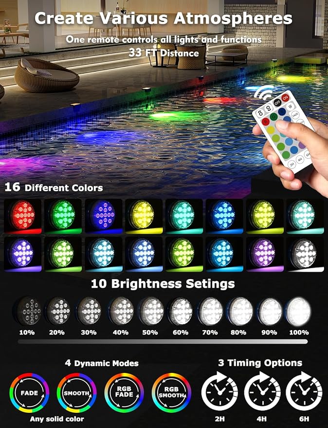 Solar Pool Lights for Inground Pools Waterproof with Remote, Outdoor Solar Lights, RGB 16 Colors Changing Submersible LED Pool Lights for Above Ground Pools Accessories, Pond, Garden (Black,4Pack)
