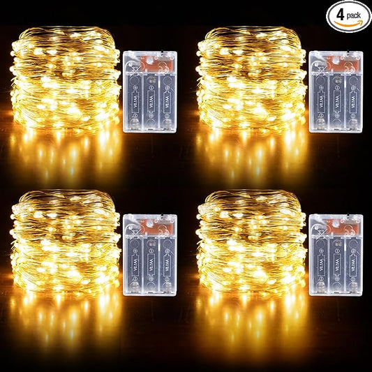 Fairy Lights Battery Operated String Lights 16.4ft 50LED Flashing and Constant Light Waterproof Silver Wire for Christmas DIY Party Wedding Decoration(Warm White, 4 Pack)