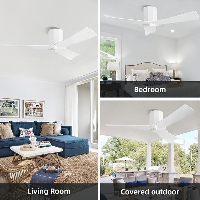 52" Ceiling Fan no Light - Gloss White DC Flush Mount Ceiling Fan, 3 ABS Plastic Curved Blades, 6 Speed Reversible DC Motor, Hugger Ceiling Fans No Light for Kitchen, Bedroom, Living Room