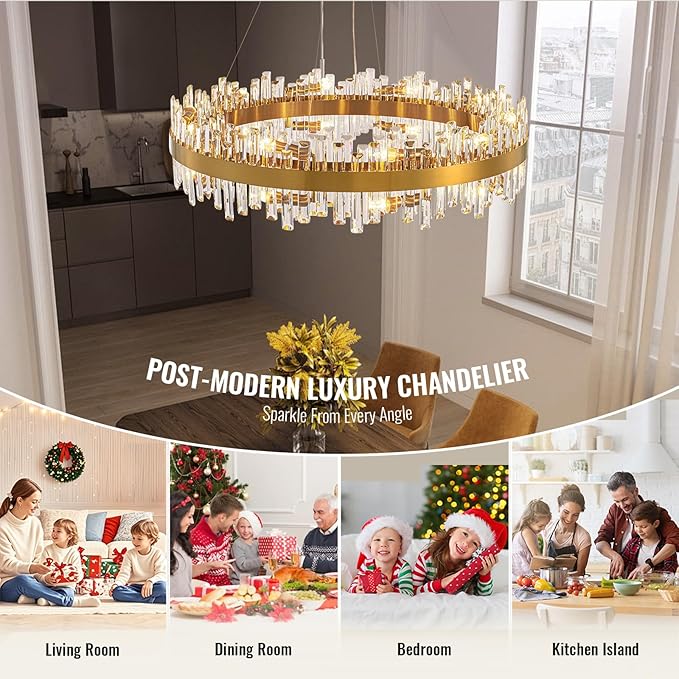 Siljoy 20-Light Modern Crystal Chandeliers, Large Brushed Gold 2-Tiers Raindrop K9 Crystal Ceiling Light, 3 Way Dimmable Pendant Lighting Fixture for Dining Living Room Kitchen Island Bedroom D39.4''