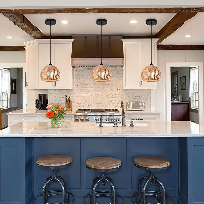 Woven Pendant Light Boho Chandelier Dome Rustic Farmhouse Chandelier Hemp Rope Light Rattan Light Fixture for Dining Room Living Room Bedroom Kitchen Foyer(Bulb Included)