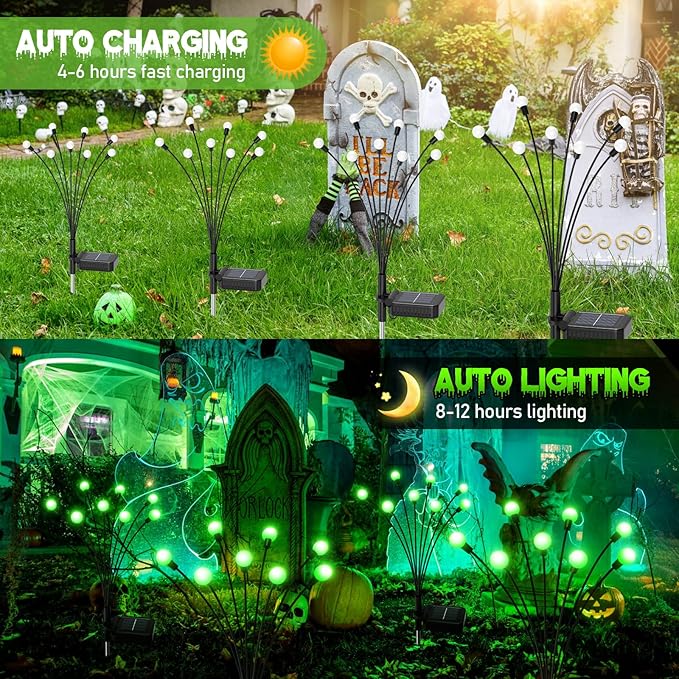 LETMY 6Pack 48 LED Halloween Decorations Outdoor Upgraded Swaying Solar Lights Outdoor, Waterproof Solar Firefly Lights Solar Halloween Lights for Pathway Yard Garden Decorations (Green)