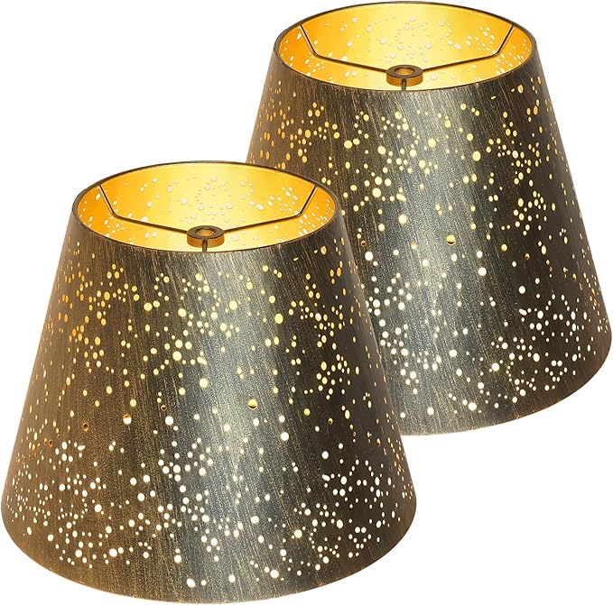 Etched Starlight 𝐌𝐞𝐭𝐚𝐥 𝐋𝐚𝐦𝐩 𝐒𝐡𝐚𝐝𝐞𝐬 𝐬𝐞𝐭 𝐨𝐟 𝟐 Top 6‘’ Bottom 10‘’ Height 7.5" Barrel Shade Lampshades Fits Most Table Lamp and Floor Lamp Spider Outer Bronze and inner Gold