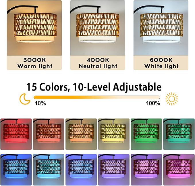 Dual-Shade Boho Floor Lamp with Rattan & Fabric - 2X Bright Dual-Bulb System, Cordless Operation & Weighted Base for Stability Modern Lighting for Bedroom/Office, No Wiring Needed