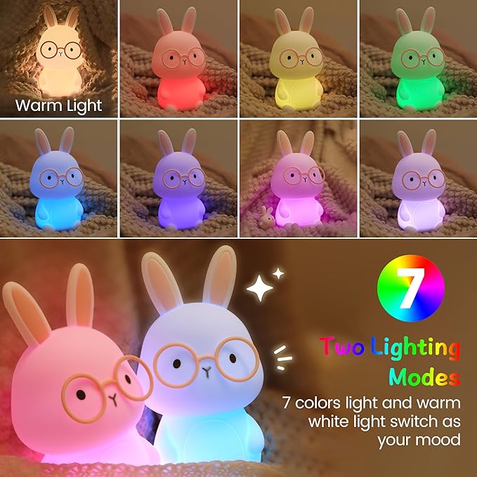 Bunny Night Light for Kids, Soft Silicone Nursery Lamp, 7-Color Glow, 3-Level Dimmable Warm Light, Tap Control, 30Min Timer, Rechargeable, BPA-Free, Easter & Birthday Gift, Baby Room Decor, Green