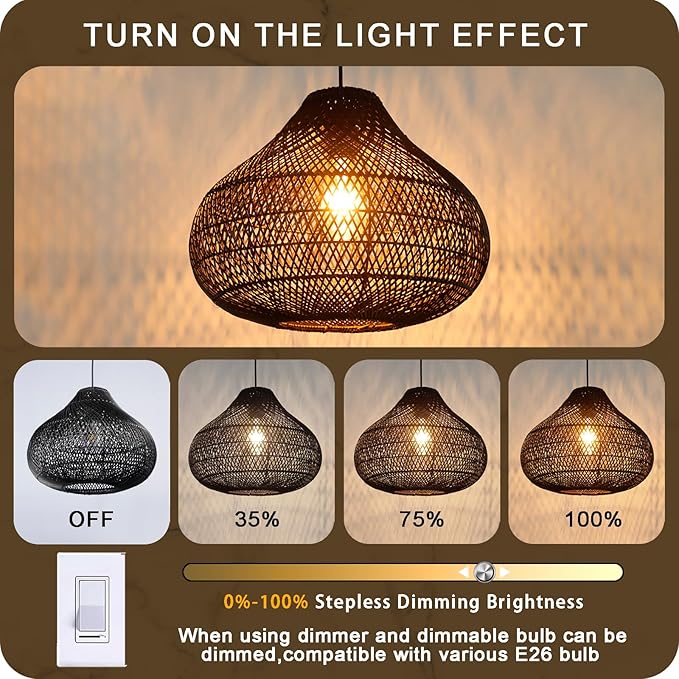 Karjear Black Rattan Chandelier, 16.5 inch Large Wicker Pendant Lights Fixture Hand-Woven Basket Hanging Light for Dining Room Kitchen Island Living Room