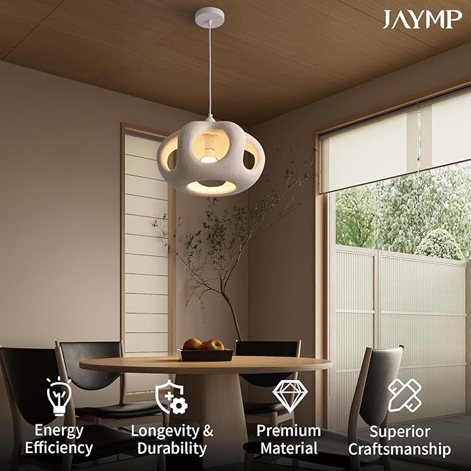 JAYMP Hollow-Out Shape Pendant Light Fixture for Dining Room Kitchen Island Hallway Restaurant Modern Hanging Lamp E26 Base Japanese Style Lighting Fixture, 1 Pack, Matte White, 40cm/15.7in
