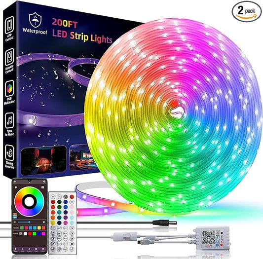 200ft Outdoor Led Strip Lights Waterproof, Trimmable Led Strip Lights Music Sync, RGB IP65 Waterproof Outside Led Lights Strip With Remote & App, Exterior Led Rope Light Waterproof For Pool Roof Yard