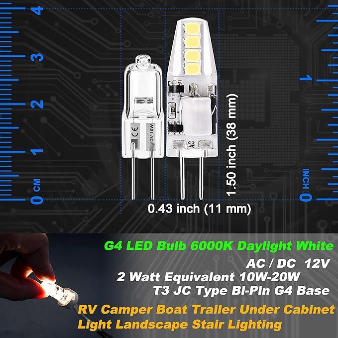 G4 LED Bulb RV Camper Replacement 2W Equivalent 10W-20W T3 Halogen AC/DC 12V 6000K Daylight White G4 JC Type Bi-Pin Base Bulb for Boat Trailer Under Cabinet Light Landscape Stair Lighting,10 Pack