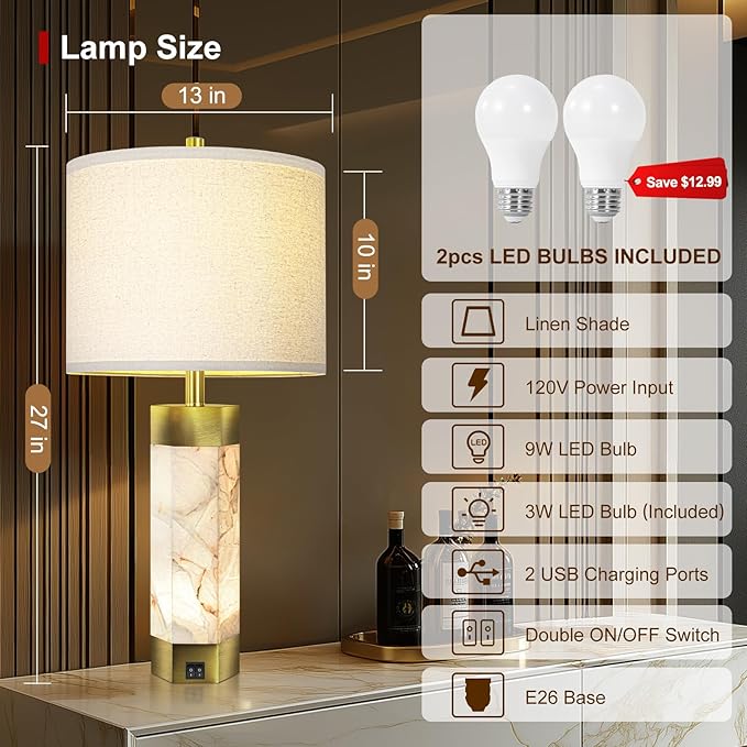 Natural Alabaster Table Lamps Set of 2,Table Lamp with Night Light for Living Room,Nightstand Lamp with USB Ports,Bedside Lamp with Linen Fabric Shade for Bedroom,Living Room,Office,Bar(Bulb Included)