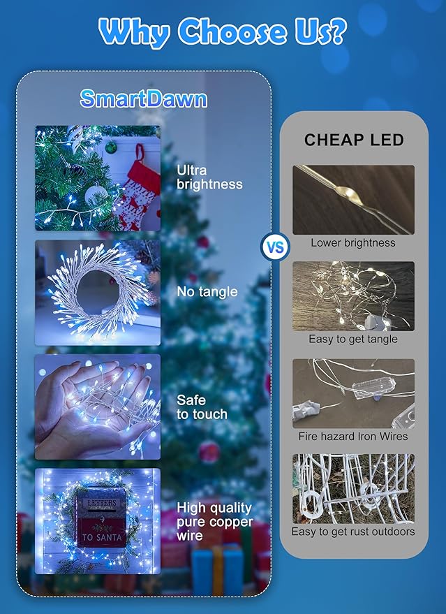 Fairy Lights Plug in, 10ft 200LED Cluster String Lights - Twinkle Copper Wire Christmas Tree Lights Waterproof for Bedroom Decor, Indoor/Outdoor Party, Patio, Garden，Blue White，2pack