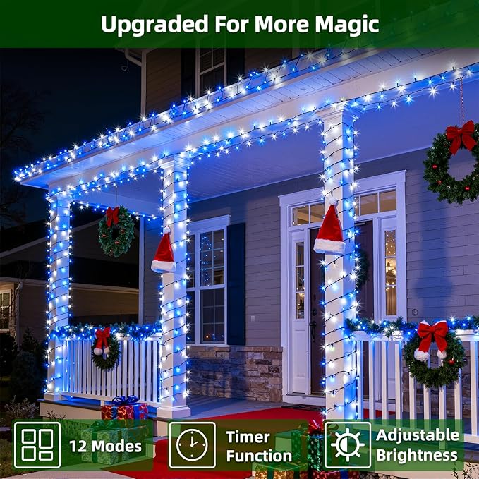 750 LED 240FT Christmas Lights Outdoor,12 Lighting Modes Christmas String Lights with Timer, Dimmable Blue Cool White LED StringLights Waterproof for Yard Wedding Party Holiday Decor Blue&CoolWhite