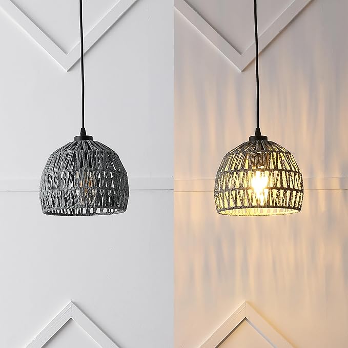 JONATHAN Y 8.25" Gray Modern Bohemian Woven Rope LED Pendant Light Fixture, Adjustable Dome Ceiling Lamp for Kitchen Island, Rope Shade, Coastal Farmhouse Decor (JYL6512D)