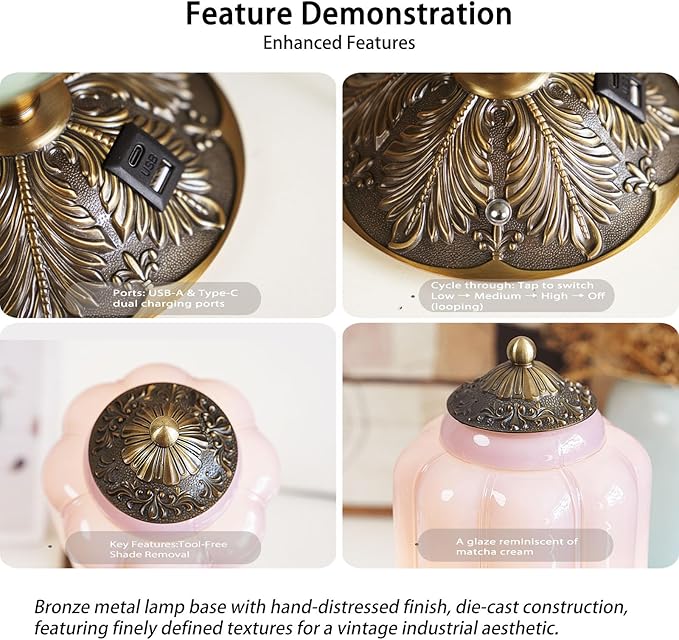 Vintage Purple Glass Touch Table Lamp, Elegant MilK Glass Bedside Desk Lamp 3 Way Dimmable with USB C+A Charging Ports - Bedroom Nightstand & Living Room Essential, 4W Bulb Included (Purple, 6.5)