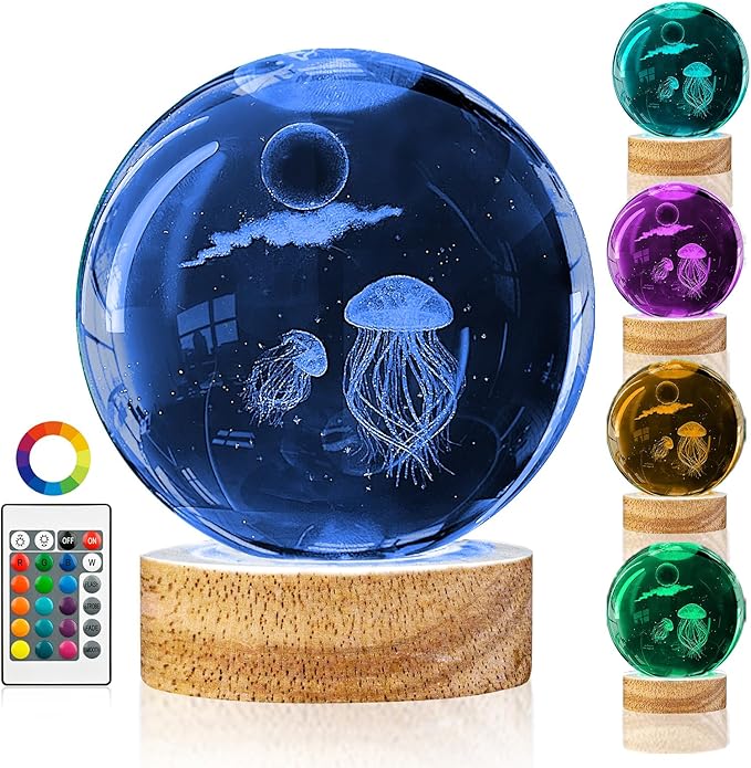 3D Jellyfish Crystal Ball Night Light with 16 Color Led Wooden Base Large 3.15 Inch Glass Ball Lamp with Remote for Birthday Christmas Cool Jellyfish Decor Gifts for Boys Girls