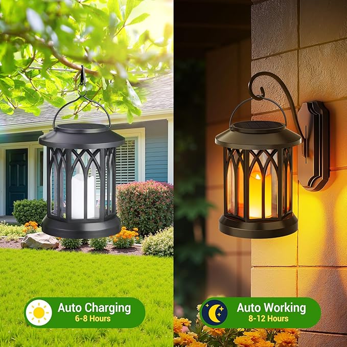 KOOPER 4 Pack Solar Lantern Outdoor Lights, Hanging Solar Lanterns Outdoor Waterproof, Christmas Gifts LED Flickering Flameless Candle Mission Lights for Yard Table Garden (Black)