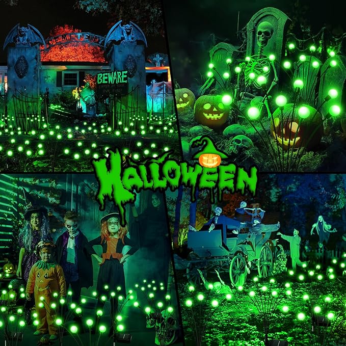 LETMY 6Pack 48 LED Halloween Decorations Outdoor Upgraded Swaying Solar Lights Outdoor, Waterproof Solar Firefly Lights Solar Halloween Lights for Pathway Yard Garden Decorations (Green)