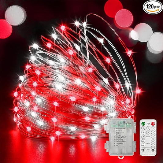 LAMPHOME 100LED String Light, Fairy Lights Battery Operated, Remote Control Timer Twinkle String Lights 8 Modes Firefly Lights for Garden Party Indoor Decor (White+Red)
