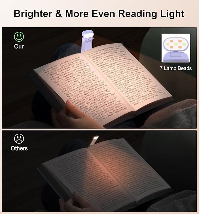 Gritin Reading Light, Book Light for Reading in Bed - Eye Caring 3 Colors, 5-Level Dimmable Brightness,Long Lasting, Compact Size Rechargeable Clip on Book Reading Light for Book Lovers-Purple
