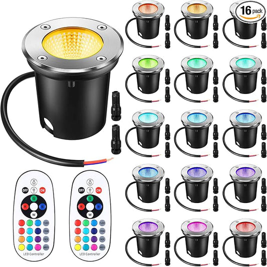 Tuanse 16 Pack Low Voltage Landscape Lights with 32 Connectors and 2 Remotes, RGBW Colored LED Well Lighting 12V-24V Waterproof Outdoor In Ground Lights for Garden Pathway Deck