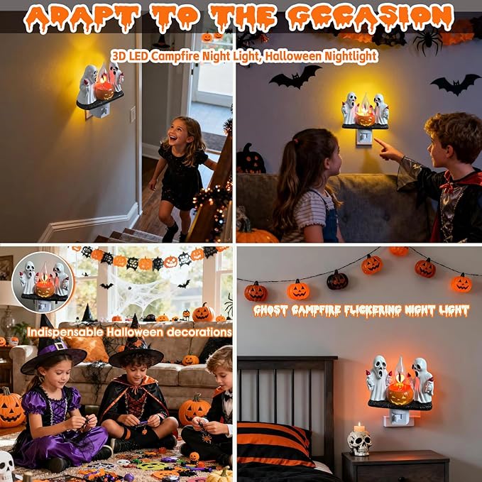 Ghost Campfire Nightlight,Halloween Campfire Flickering Night Light,3D Spooky Fire Marshmallow Night Light for Halloween Decor (Torch Ghost)