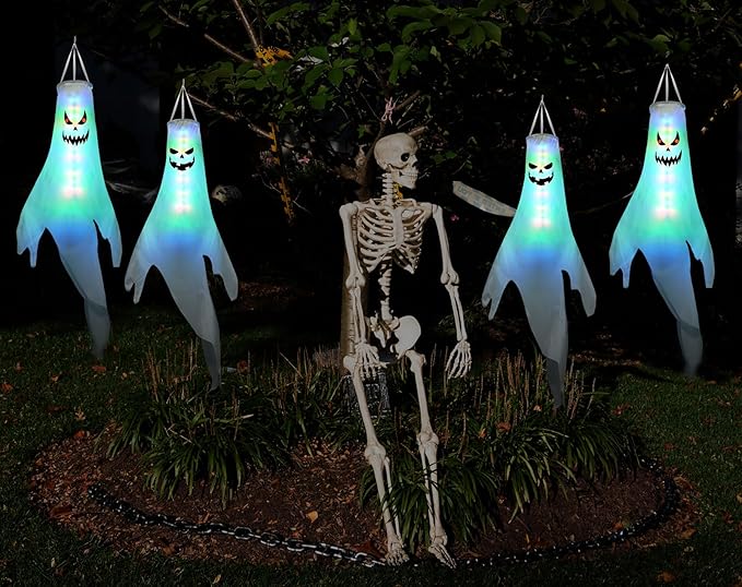 Halloween Ghost Decorations Outdoor: 2 Pcs Spooky Hanging Ghosts for Tree, Porch, Garden, Yard - Waterproof Colorful Halloween Decor With Timer