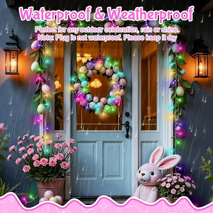 Easter String Lights, Pastel Easter Lights Plug in with Timer 8 Lighting Modes 32ft 100LED Transparent Wire Fairy Lights for Easter Decorations Garland Outdoor Indoor Party