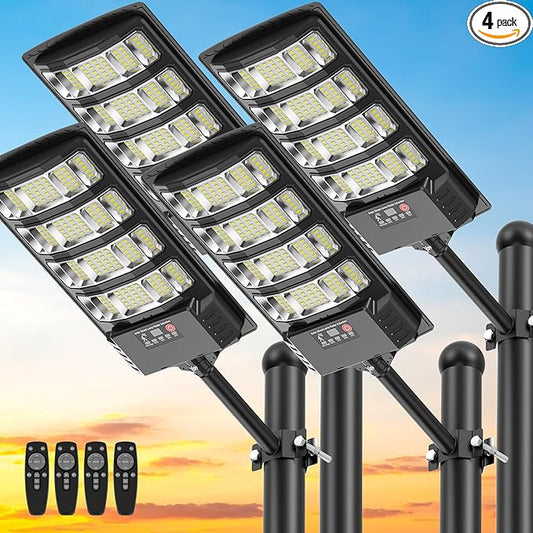 Solar Street Lights Outdoor Waterproof , 6500K 320° Angle Flood light,5730 LED Solar Parking Light with Motion Sensor and Remote Control for Outdoor, Streets, Courtyards,Parking Garages,-4Pack