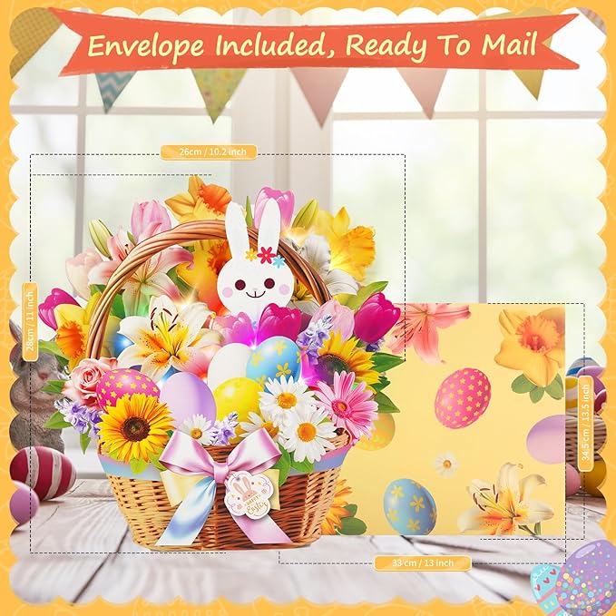 3D Pop Up Easter Flower Basket Card with Music & Lights – Bunny, Eggs, Lily, Tulip, Daisy Bouquet – Envelope Included – Gift & Decoration