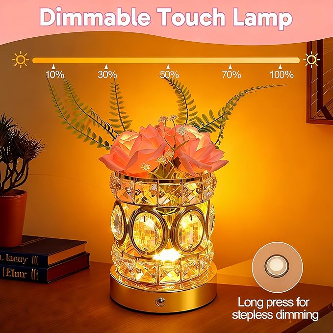 Rose Flower Lamp, Rechargeable Cordless Touch Crystal Bedside Table Lamp with 3-Color Dimmable Small Night Light - Birthday Gifts for Women, Mom, Wife, Living Room, Bedroom Decor, Romantic Home Decor