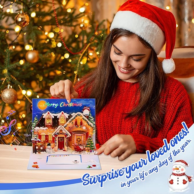 FaCraft Musical Christmas Cards, with Lights and Music, Decorated House, Handmade 3D Pop Up Christmas Card, with Envelope, Blank Insert and Seal, for Winter, Holidays, New Year