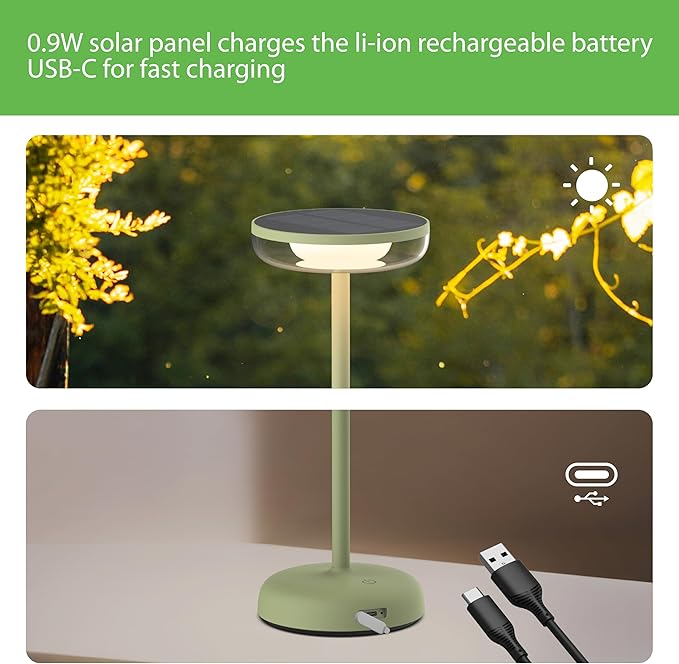 Cocktail Style Solar Table Lamp – Cordless LED Light with USB-C Charging, Dimmable Warm 2700K Glow, Weather Resistant for Indoor/Outdoor Use – Black, 1 Pack