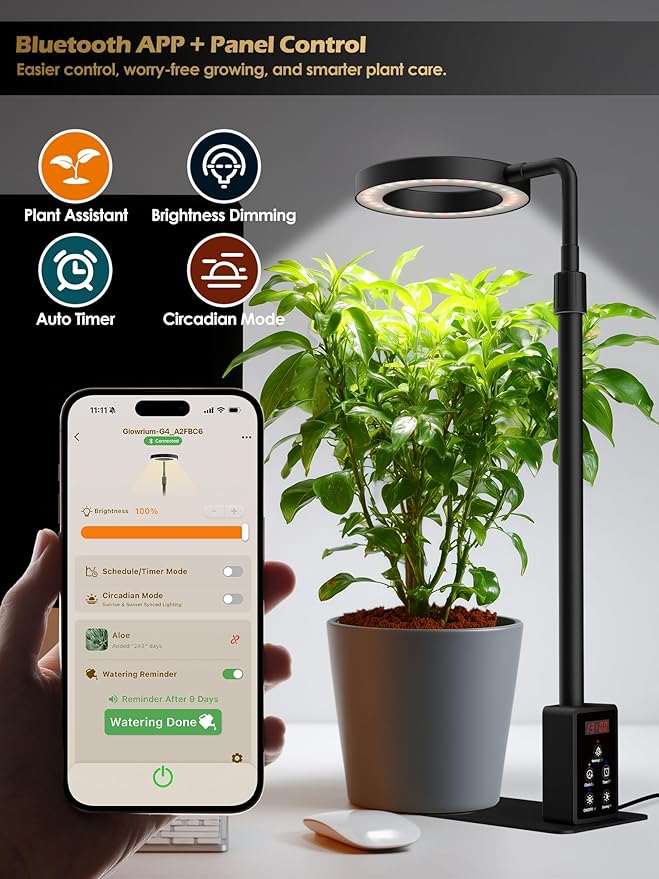 Smart Grow Lights for Indoor Plants, Plant Light with Auto-Timer, Full Spectrum LED Grow Light, Adjustable Height & Stepless Dimming,Plant Assistant Suitable for Most Plants (Black, 8W)