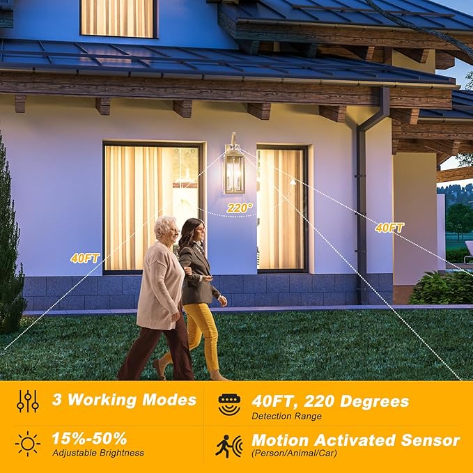 20" Gold Motion Sensor Outdoor Light, Large Dusk to Dawn Outdoor Lighting Fixture, Farmhouse Wall Mounted Porch Lamp, Waterproof Sconce Light for Outside Patio, 3 Modes/2-Light/1-Pack