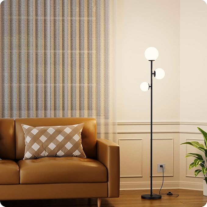 Floor lamp with 3 Frosted Glass Shades,Stangding Lamp Floor Lamps for Living Room Bedroom Office with 3 led Bulbs,Tall lamp with Foot Switch (Black)