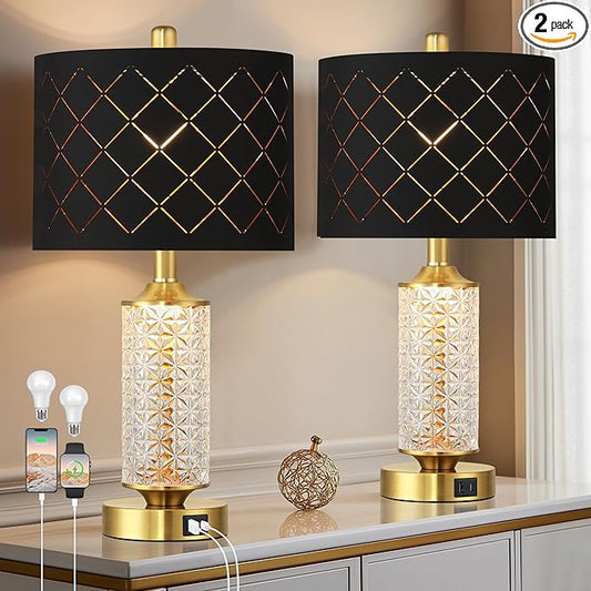 QiMH Set of 2 Table Lamps with USB A+C Ports, Black Grid Shade Modern Bedside Lamp with LED Night Light for Bedroom, Nightstand Lamps for Living Room Office, Gold(2 Bulbs Included)
