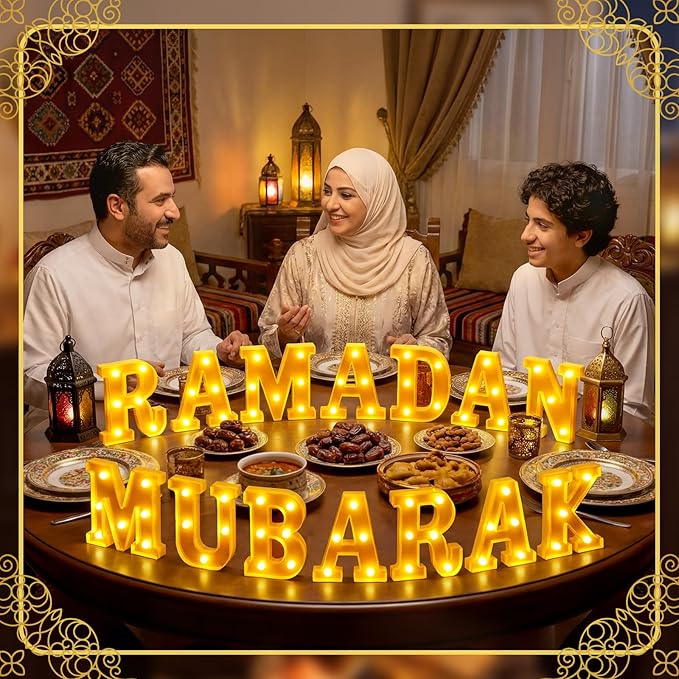 Ramadan Mubarak Large LED Lights Mirror-Effect Letter Lights Battery Powered Eid Mubarak Decorations for Party Decorations Indoor Outdoor