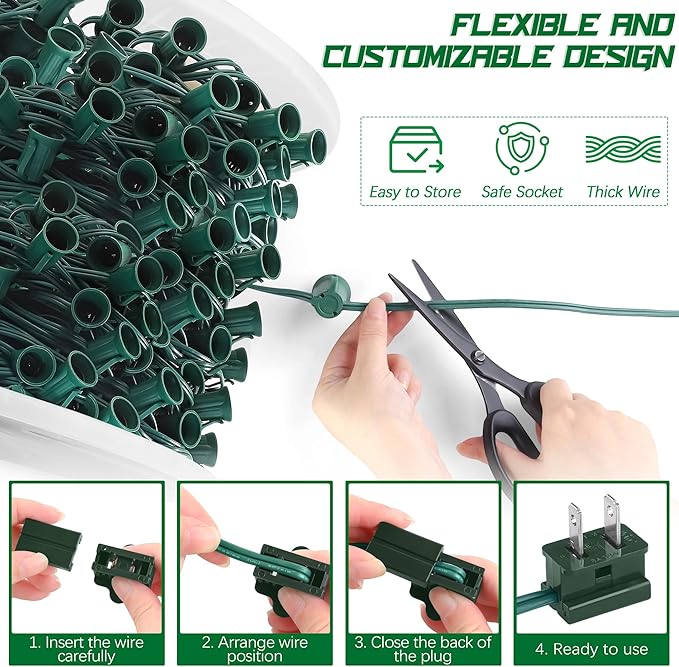 Fovths 500 Ft C9/E17 Christmas Light Sockets Set Outdoor UL Listed String Light Include 500 E17 Socket with 100 Clips, 40 Female Male Plug, Stringer Spool Christmas C9 Green Wire for Patio Event Decor