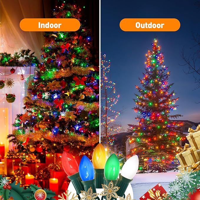 C9 LED Christmas Lights Outdoor 25FT Multicolor Christmas String Lights, Colorful Vintage Hanging Lights for Roofline Xmas Tree Patio Holiday Party Wedding Decoration