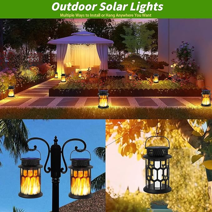 Solar Lanterns Outdoor Waterproof, Flickering Flame Hanging Solar Lanterns Solar Powered Wireless Lantern Decorative Lighting for Halloween Party,Patio,Garden,Yard,Pathway (1Pack)