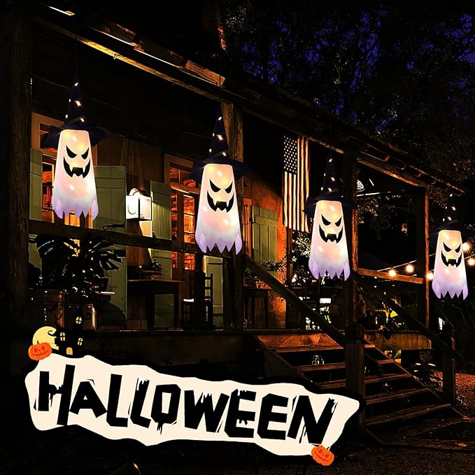 Halloween Decorations Glowing Ghost Witch Hat Halloween String Lights - Indoor/Outdoor Hanging Decor for Home, Garden & Tree (4Pcs)