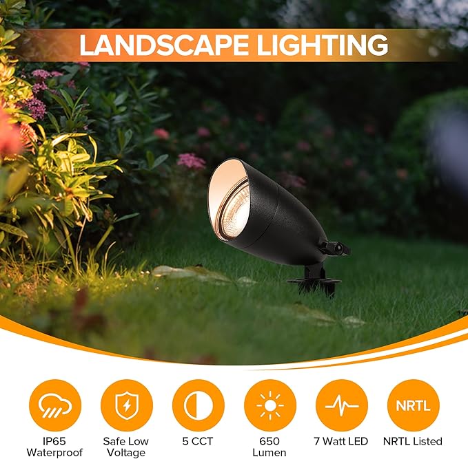 LUTEC 5CCT 12V Low Voltage Landscape Lighting Die-cast Aluminum Spot Lights with Connectors, IP65 Outdoor Landscape Spotlights, 7W 650LM for Tree Garden, 4 Pack (No Transformer Kits)