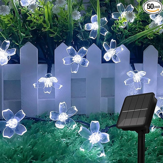 Solar String Lights for Outside，50 LED Solar Flower Lights Outdoor Waterproof ，Solar Powered Outdoor Decorative String Light for Yard, Lawn, Fence, Flower Garden, Christmas Tree (Cold White