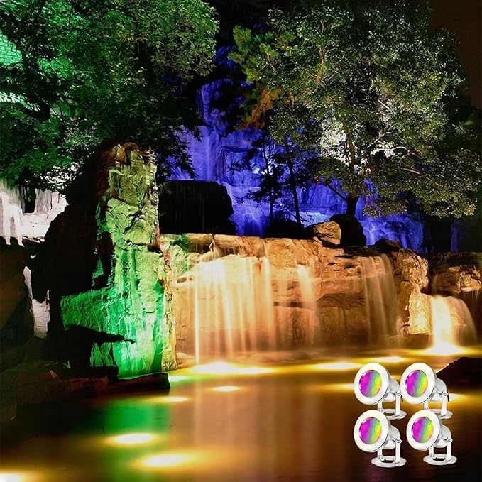 LED Pond Lights with Remote Control, 6W SS316 Stainless Steel RGB Underwater Fountain Light IP68 Waterproof Outdoor Underwater Lights for Pond Waterfall (4)