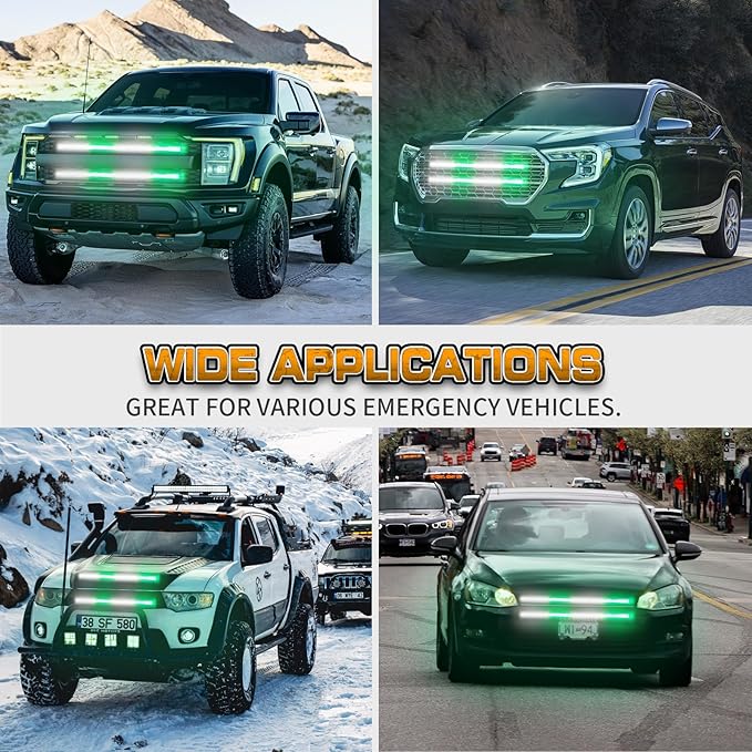 XRIDONSEN 2PCS 24 inch Truck Grill Emergency Lights Strip 288 LED Green White Grille Firefighter Lights Strobe Flashing Warning Safety Waterproof First Responder Lights for Vehicles Fire Trucks Pickup