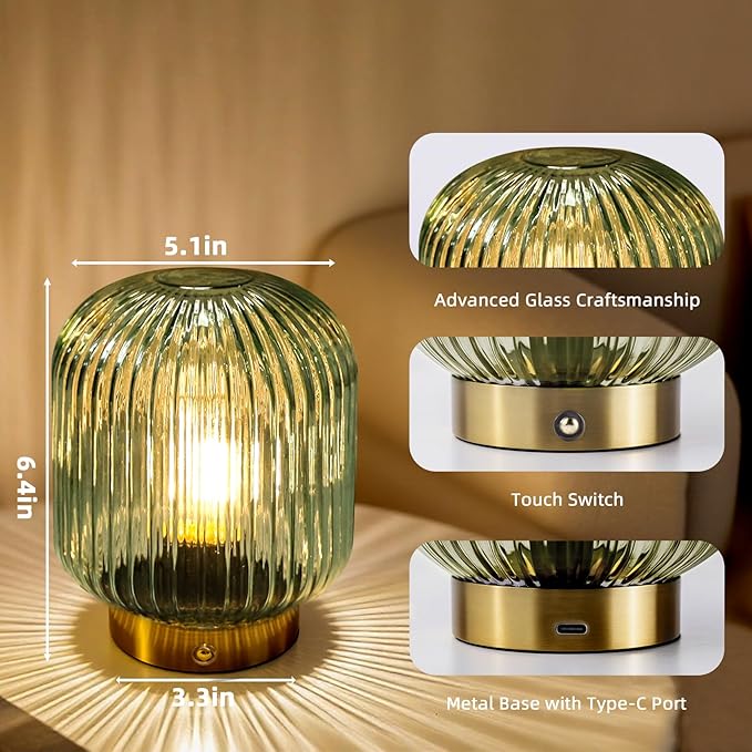 MJ PREMIER Rechargeable Table Lamp, Green Glass Lamp with Memory Function, Small Cordless LED Lamp with Dimmable Brightness, Decorative Touch Lamps for Bedroom Living Room (Green)