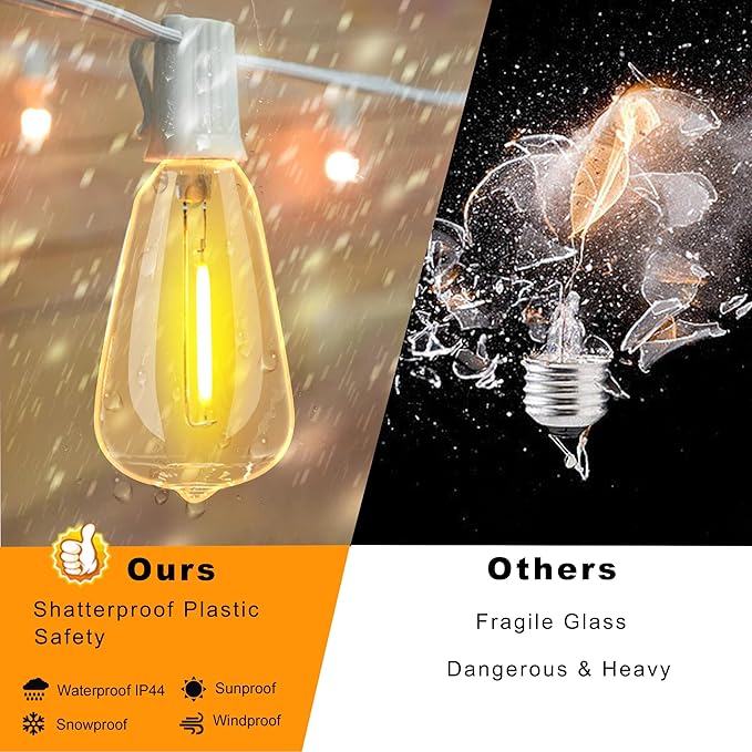Outdoor String Lights 200FT Waterproof,Patio String Lights for Outside with Shatterproof 104 Edison LED Bulbs,Vintage Dimmable Hanging Lights for Christmas,Wedding,2 Pack × 100FT White Cable