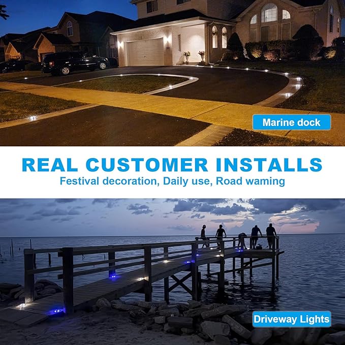 VOLISUN Solar Dock Marine Lights 12 Pack,2 Colors in 1,Outdoor IP67 LED Solar Powered Waterproof Driveway Marker Deck Lights for Warning Step Sidewalk Pathway (White/Blue),Saltwater Resistant
